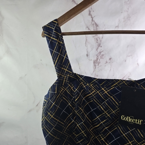 ModCloth Dress Womens 12 Large Blue Yellow Tess Hatch Tank Collectif Pin Up - Picture 2 of 12